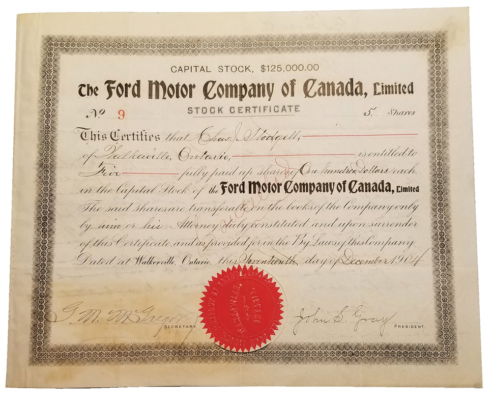 Ford Motor Company - 1904 automotive stock certificate signed by John Gray